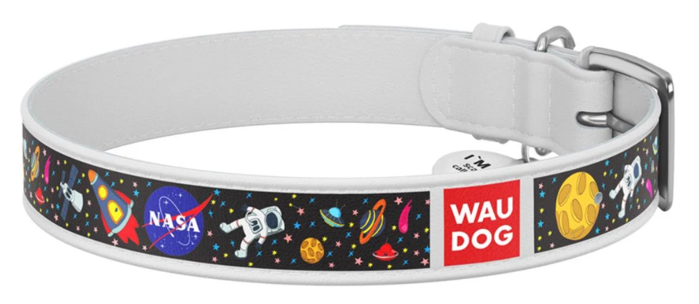 Ошейник для собак кожаный WAUDOG Design с QR паспортом NASA ХL 35 мм 46-59 см Белый (Collar0035-0047-15)