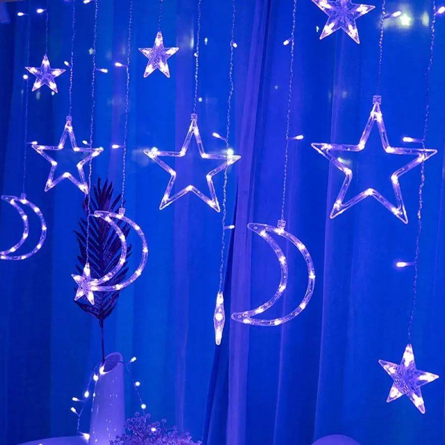 Гірлянда штора з фігурами Зірка та місяць 2,5х1м LED 220V Синій (2027391547)