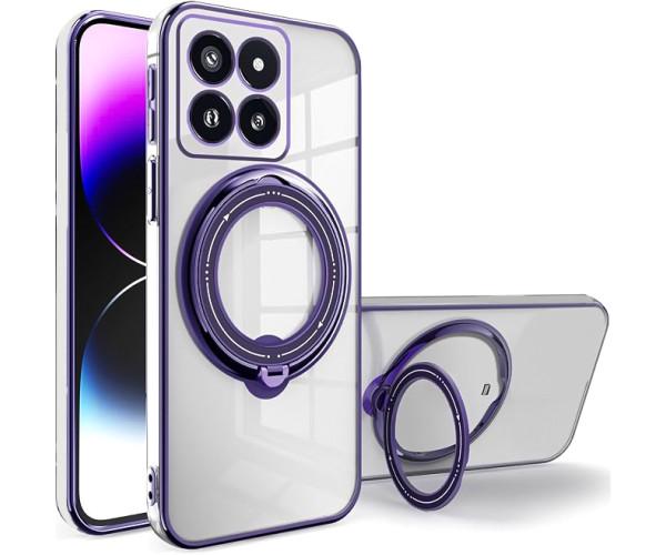 Силиконовый чехол накладка Clear Case для Xiaomi 14 Pro с металлическим кольцом держателем и защитой для камеры Фиолетовый