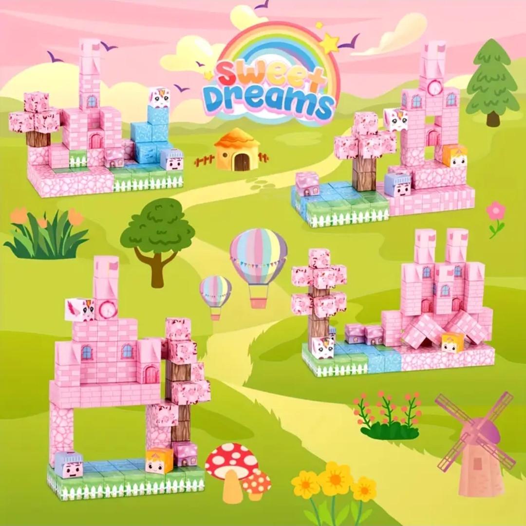 Конструктор магнітний Майнкрафт Рожевий замок з озерцем та рибками 108 кубиків - фото 3 Конструктор магнітний Майнкрафт Рожевий замок з озерцем та рибками 108 кубиків - фото 3