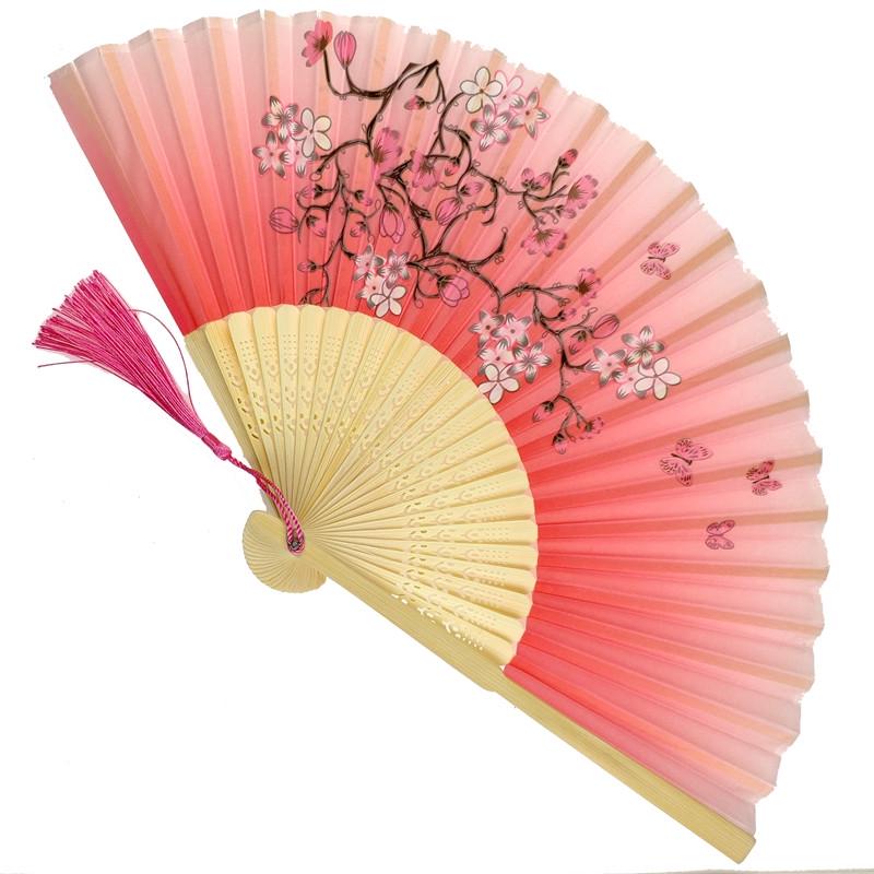 Веер женский складной Ветка с цветами с кисточкой 21х37 см Розовый (C2939)