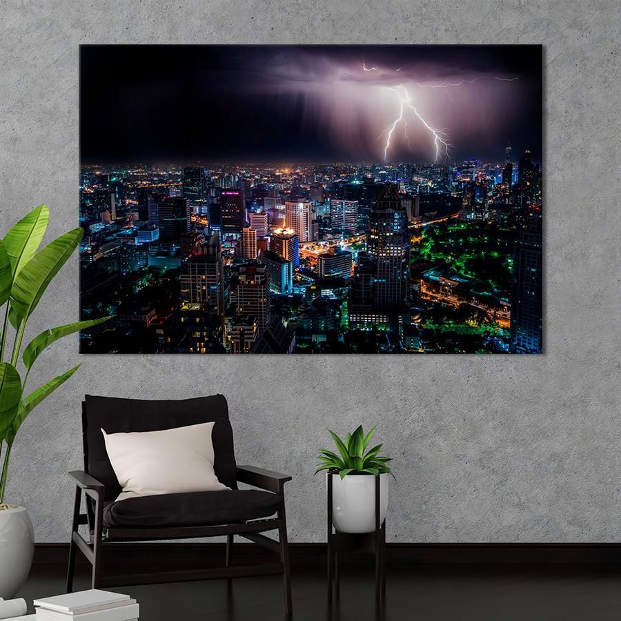 Картина город Гроза над ночным мегаполисом 51x34 см (A667-1)