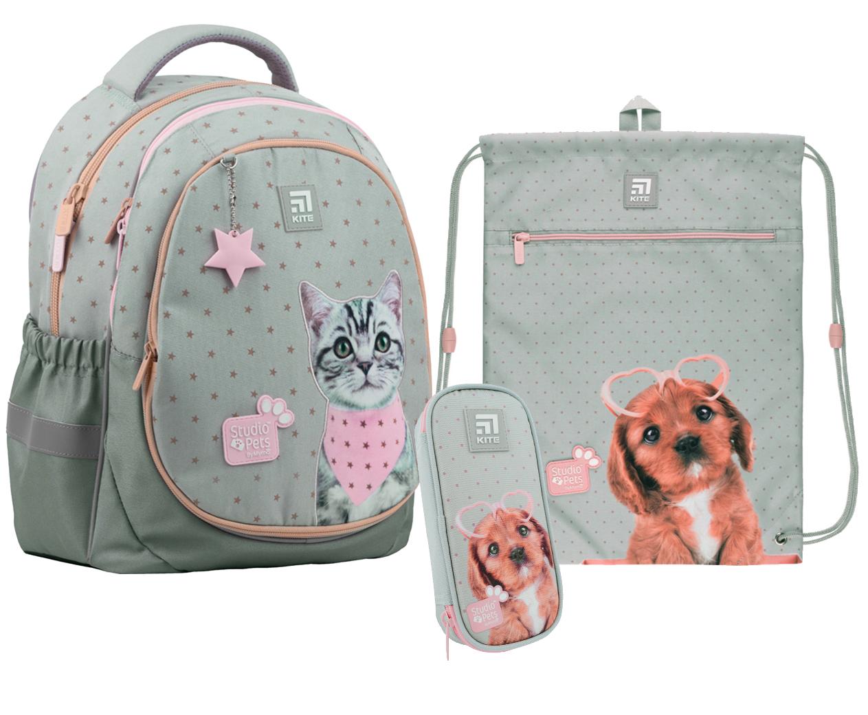 Школьный набор Kite Education Studio Pets полукаркасный рюкзак 2 панели/пенал/сумка для обуви (202279)