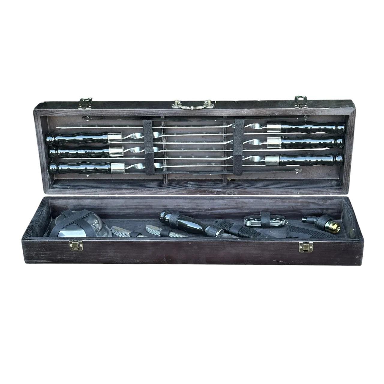 Подарочный набор шампуров с аксессуарами Mzavod Гетман из нержавеющей стали в деревянном кейсе 720x120x210 мм Черный (136-17-1190710000052)