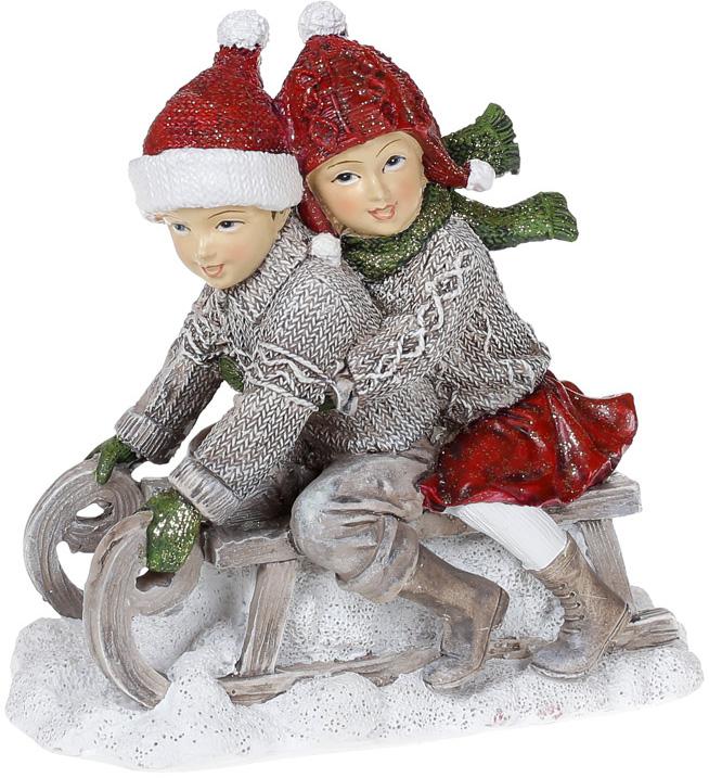 Статуэтка декоративная Дети на санках 13,5 см Винтажный серый/Красный (BD-707-291)