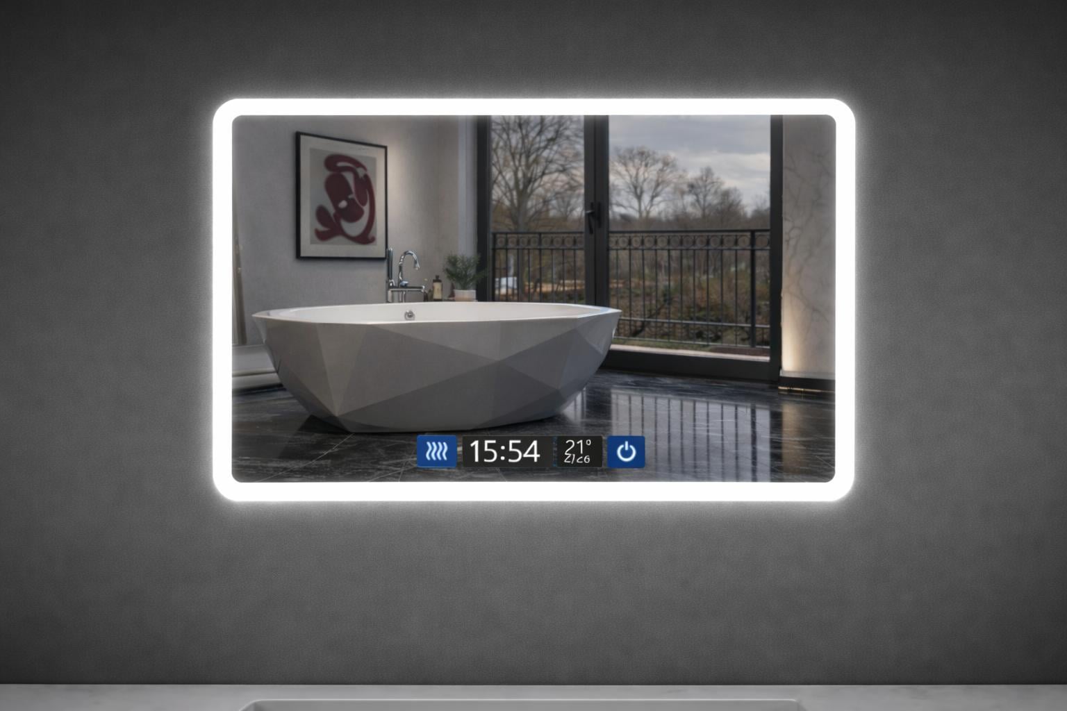 Зеркало для ванной LED ML-21 50x70 см с контурной подсветкой/Smart-дисплеем часы/температура и подогревом антизапотевания