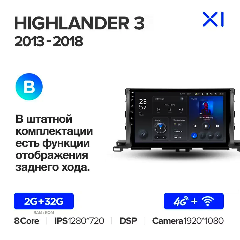 Автомагнитола штатная Teyes X1 для Toyota Highlander 3 2013-2018 Android 2/32 Гб Wi-Fi/4G вариант B (1674483150) - фото 2