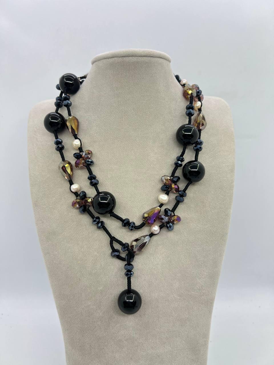 Бусы агат и стекло 16 мм 85 см Черный (11856)