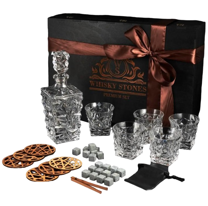 Подарочный набор для алкоголя камни для виски Whiskey Stones 24 шт./6 хрустальных стаканов Bohemia Glacier 350 мл и графин 900 мл