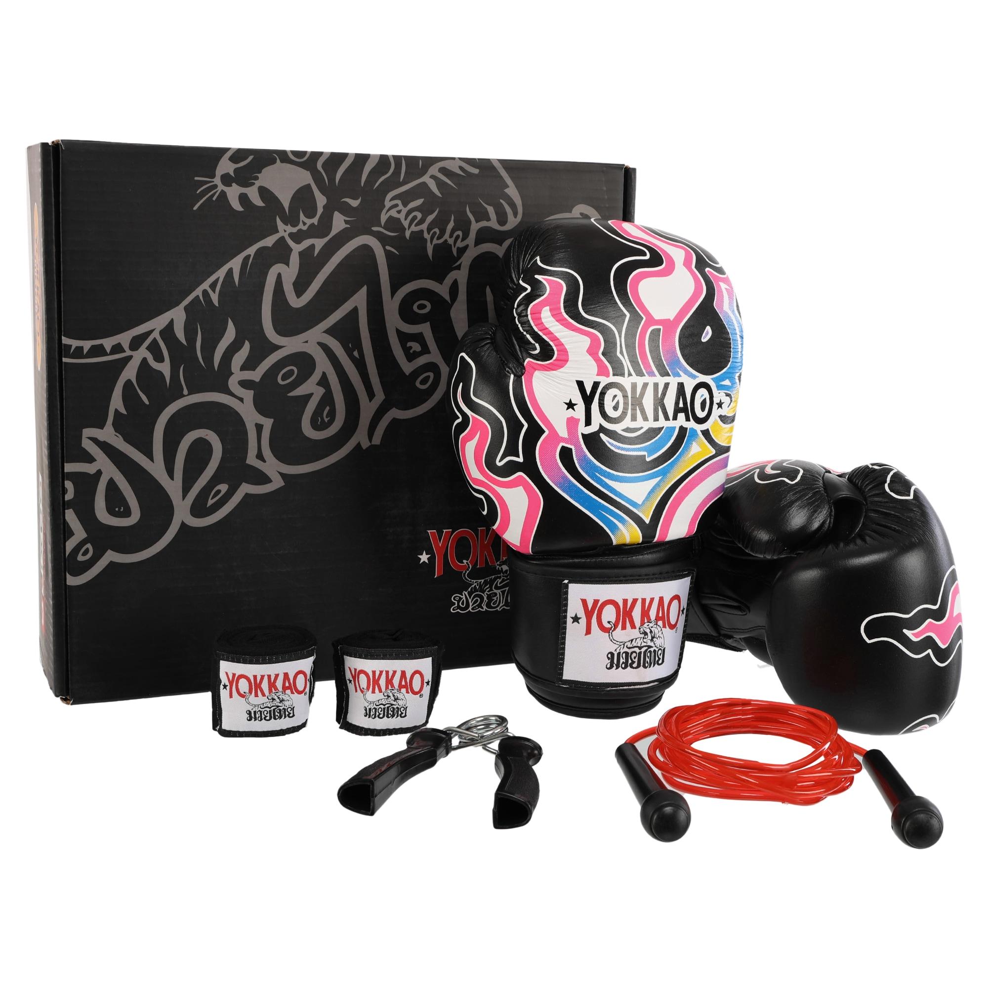 Боксерский набор YOKKAO BO-6669 4в1 TWN 10 oz кожаные перчатки/бинты/эспандер/скакалка Черно-фукси-синий (36252698)