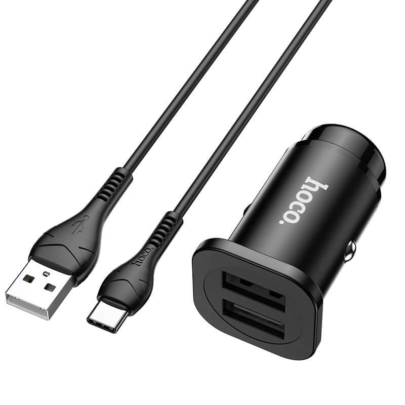 Адаптер автомобильный HOCO Type-C Cable Wise road dual port car charger set NZ4 |2USB, 4.8A| black