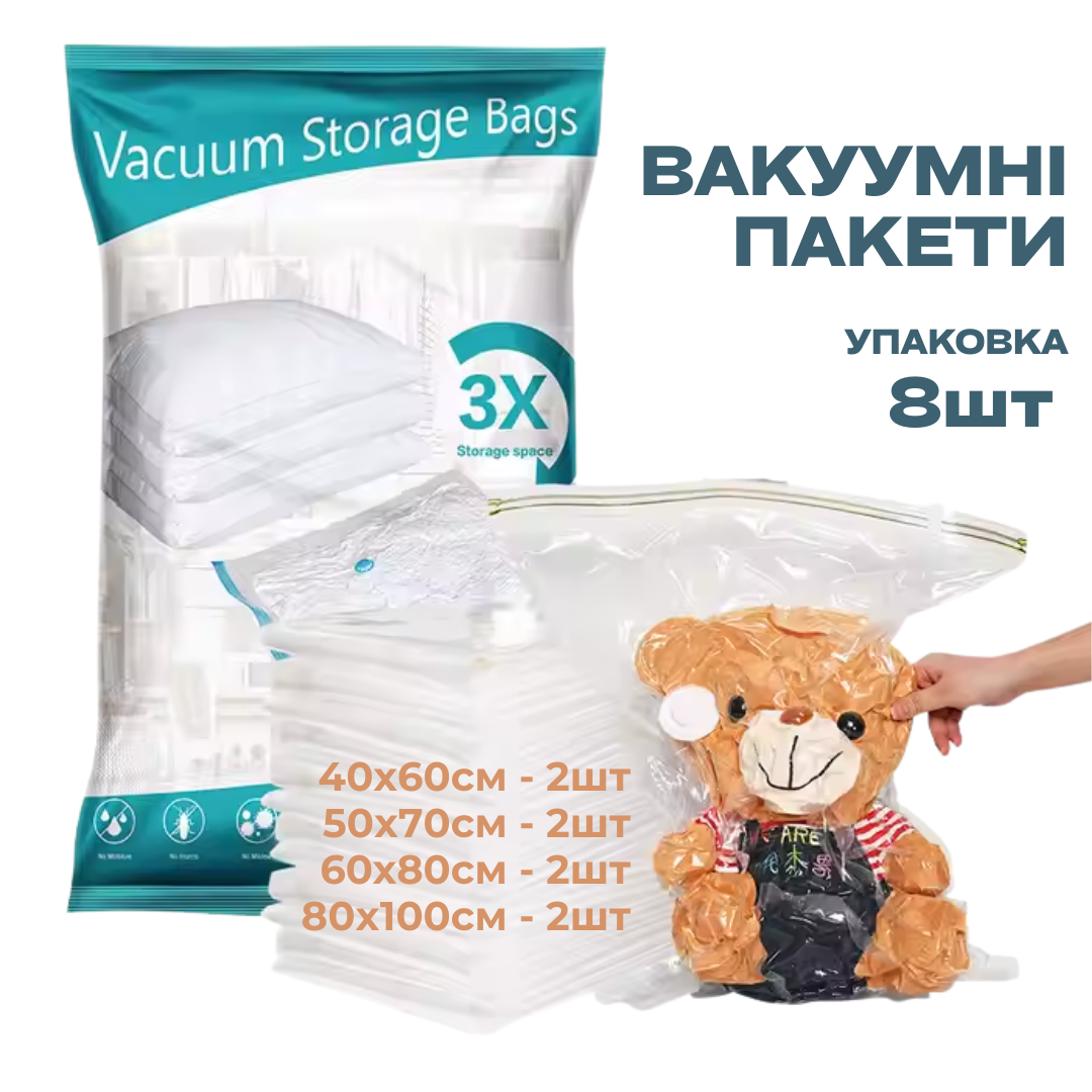 Вакуумні пакети для одягу речей та багажу багаторазові для зберігання 8 шт. 40х60 см 2 шт. 50х70 см 2 шт. 60х80 см 2 шт. 80х100 см 2 шт. Прозорий - фото 2