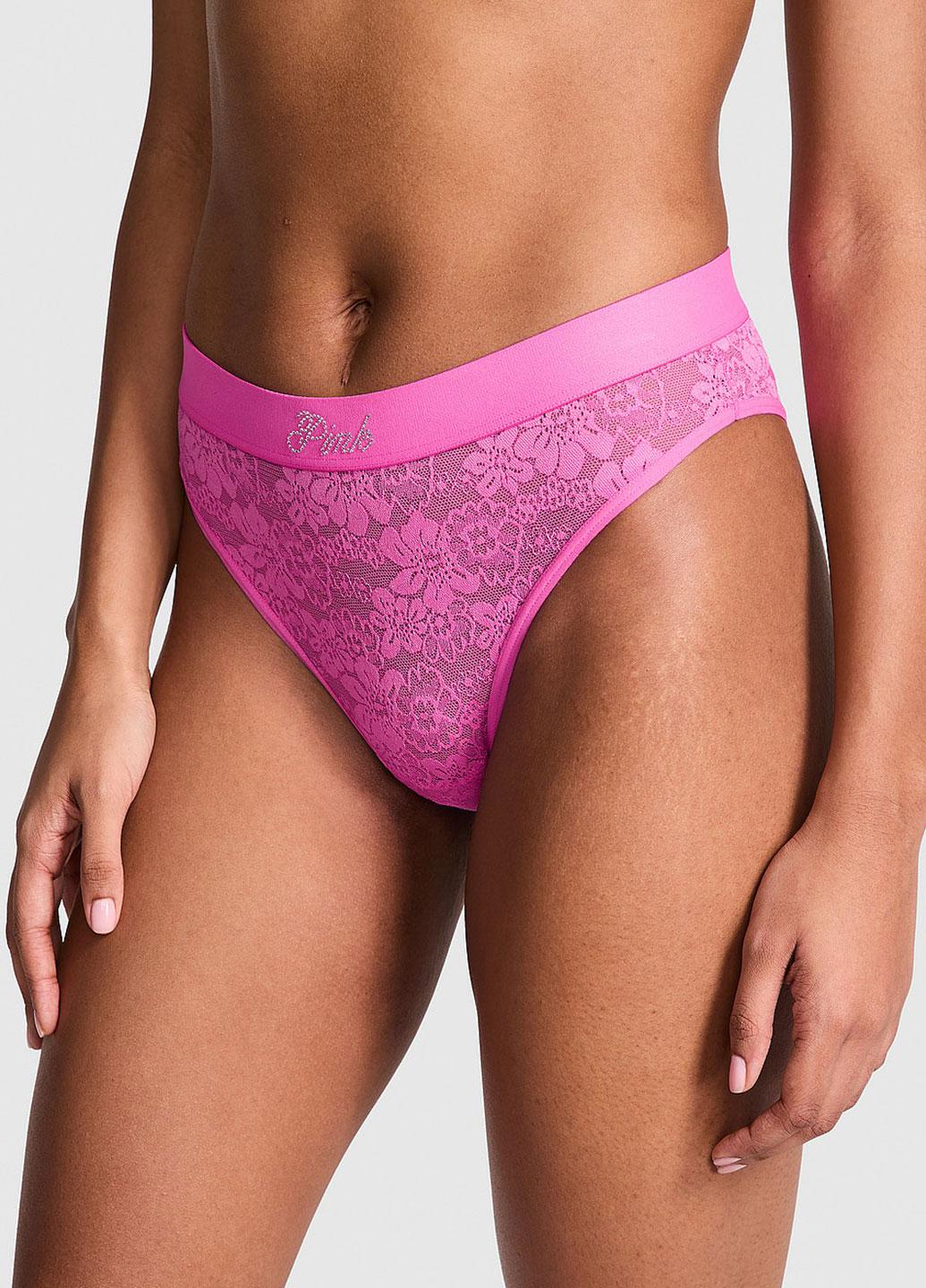 Трусики кружевные со стразами Victoria's Secret Pink Bling Lacie Logo High-Leg Brazilian M Розовый (1440000420464QB6M)