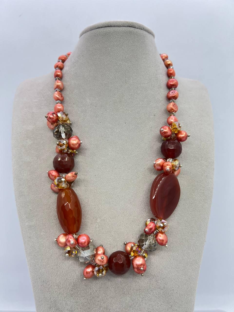 Бусы агат и жемчуг 16 мм 42 см Оранжевый (11049)