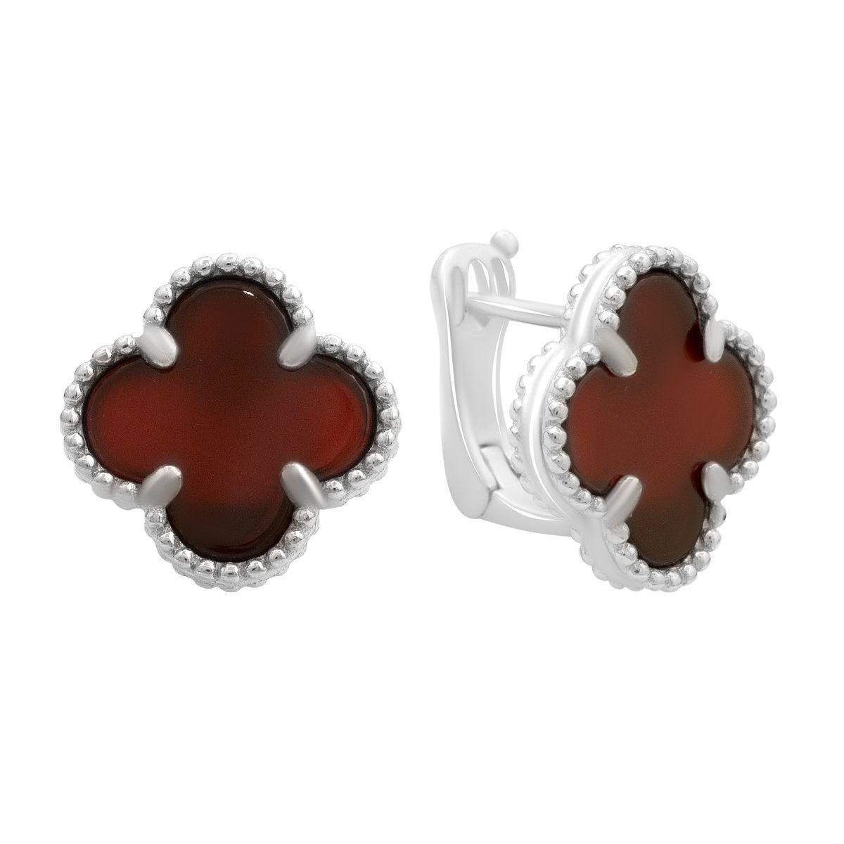 Серьги серебряные LoveR с четырехлистной вставкой агата насыщенного бордового цвета