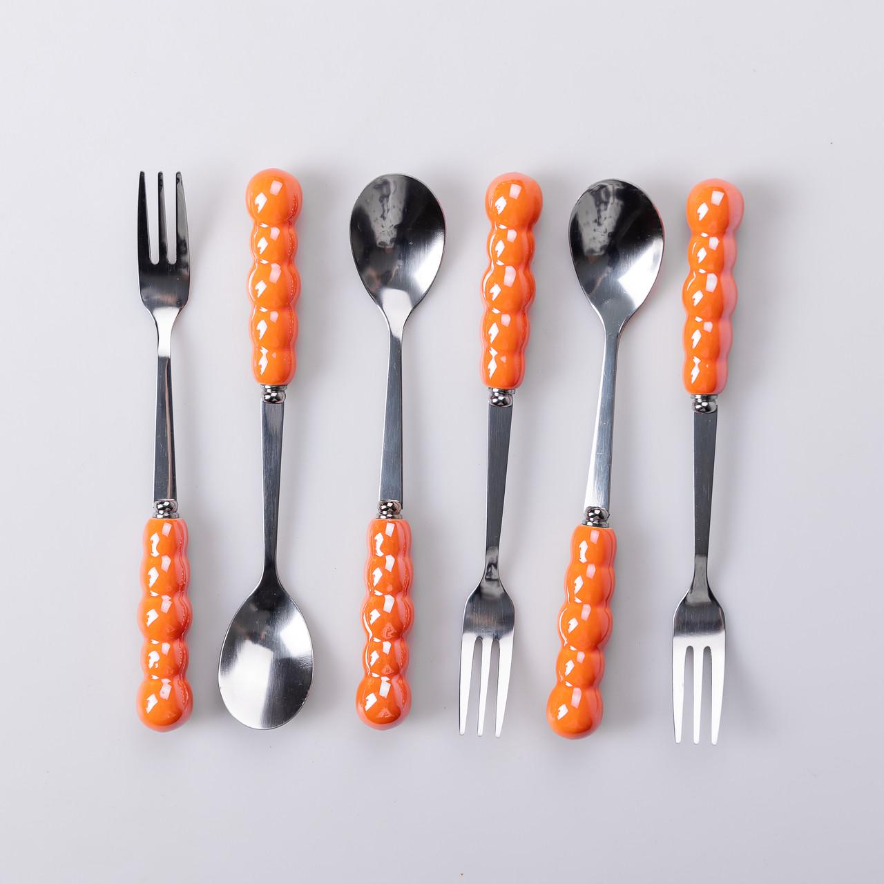 Набір десертних виделок та ложок з керамічними ручками та підставкою для 3 персон 7 приладів Помаранчевий - фото 4 Набір десертних виделок та ложок з керамічними ручками та підставкою для 3 персон 7 приладів Помаранчевий - фото 4