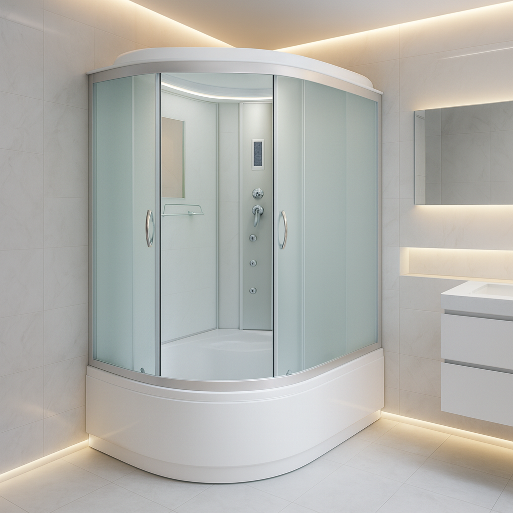 Душевой бокс закрытый KO&PO правосторонний асимметричный с гидромассажем и электроникой поддон 40 см матовое стекло 120х80х215 см (C14845)