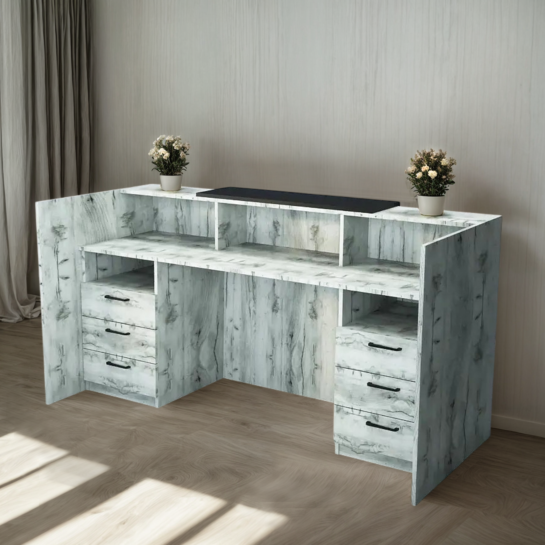 Стойка администратора Tobi Sho Ресепшн/1 для офиса/салона с подсветкой и ящиками/2000х800х1000 мм Дуб крафт белый/Черный - фото 4