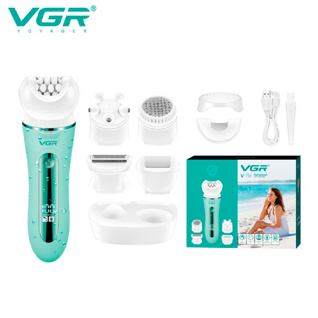 Епілятор жіночий з 5 насадками VGR Пемза Масажер Бритва депілятор бездротовий волога епіляція з підсвічуванням Блакитний