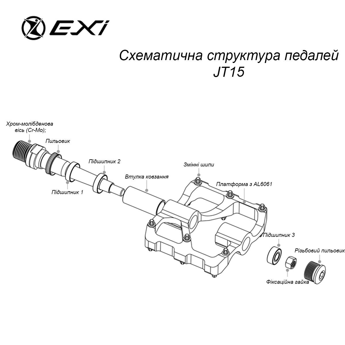 Педали велосипедные Exi JT15 алюминиевые на промышленных подшипниках Черный (EXI-JT15-4270) - фото 6