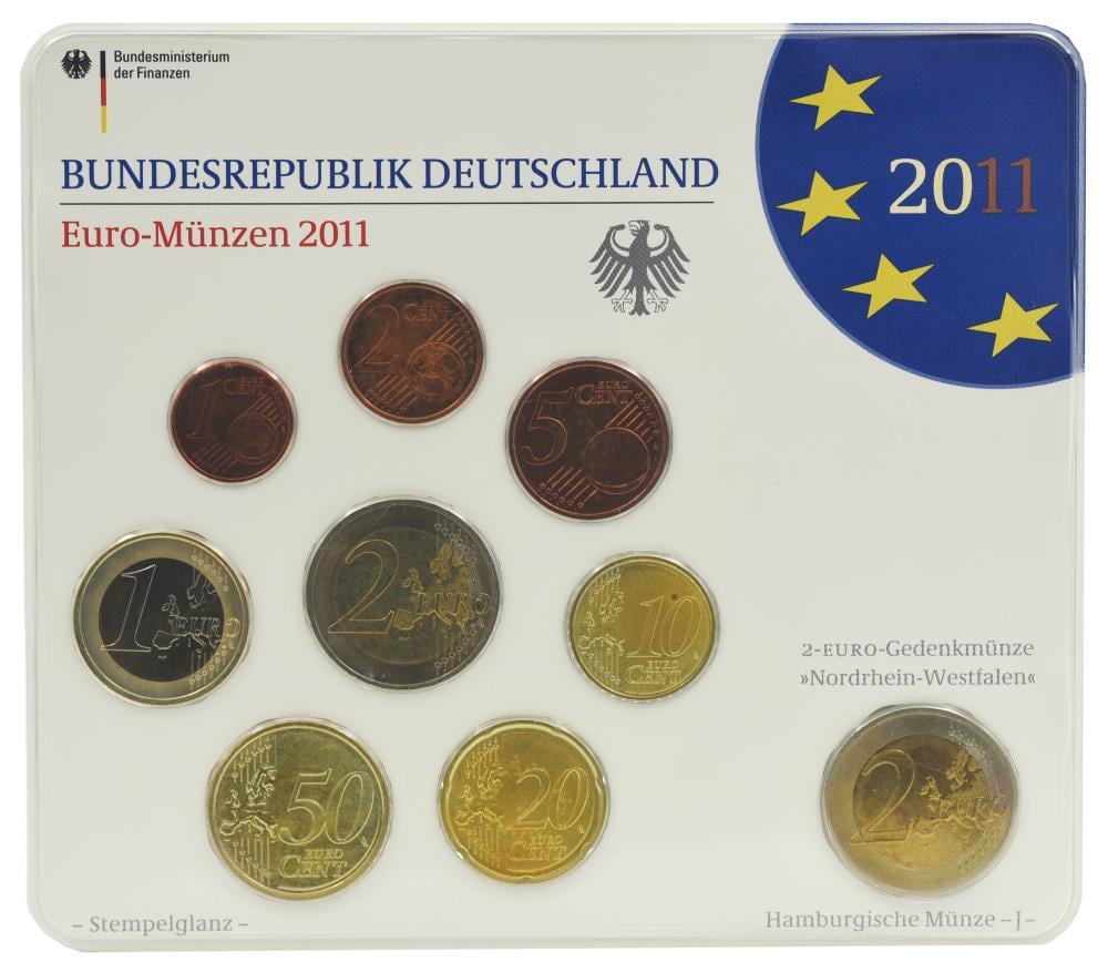 Коллекционные монеты Германия 9 шт. Евро 2011 UNC D 1/2/5/10/20/50 евроцентов/1/2 евро/памятная 2 евро Блистер (М07756) Коллекционные монеты Германия 9 шт. Евро 2011 UNC D 1/2/5/10/20/50 евроцентов/1/2 евро/памятная 2 евро Блистер (М07756)