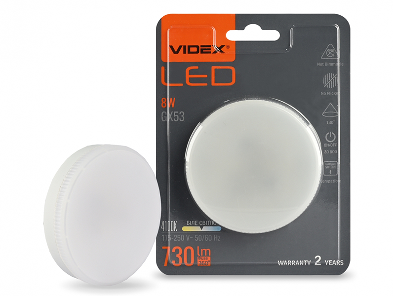 Светодиодная лампа Videx GX53 8W 4100K 220V (VL-GX53-08534)