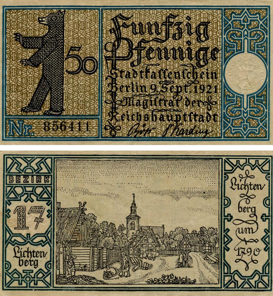 Коллекционная банкнота Германия Нотгельд 50 пфеннигов 1921 F-VF Берлин Разновидность 13 (Б18846)