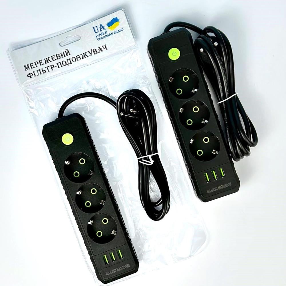 Удлинитель сетевой переноска 6м на 3 розетки з 3USB UA Power F43U Черный (F43U 3r-3usb-6m) - фото 6