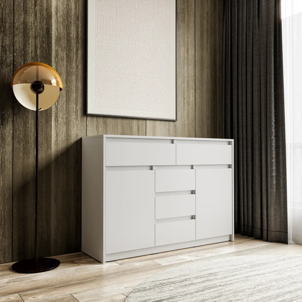 Комод КМД-227 с 5 выдвижными ящиками и дверцами 1270x910x400 мм Белый Комод КМД-227 с 5 выдвижными ящиками и дверцами 1270x910x400 мм Белый