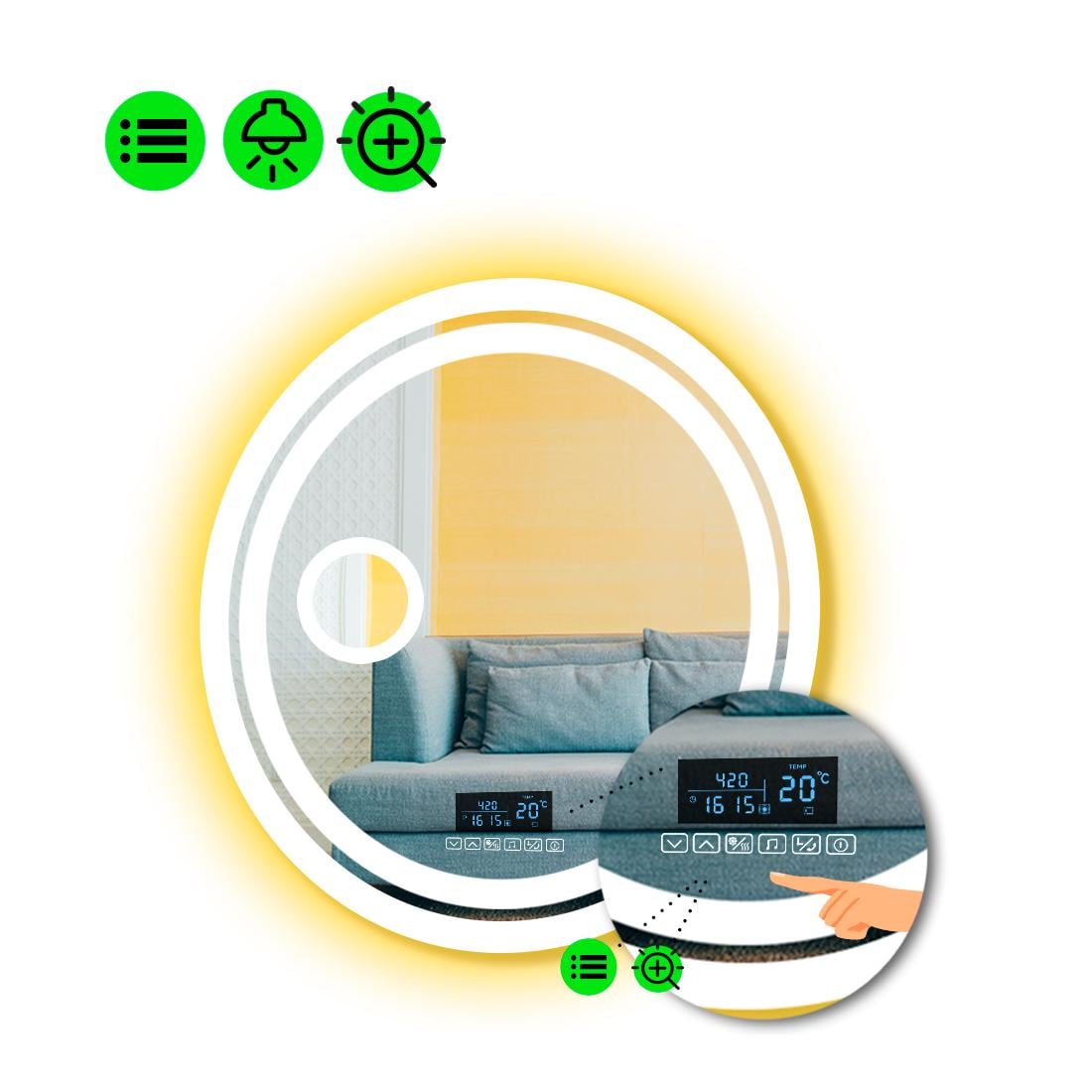 Зеркало с LED подсветкой Carla с Smart-блоком и линзой с подсветкой 80x80 см (Carla74)