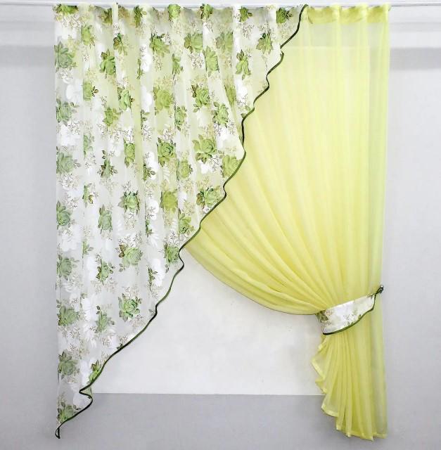 Шторки кухонные с подвязками 280х170 см Лимонный/Белый/Салатовый (069к)