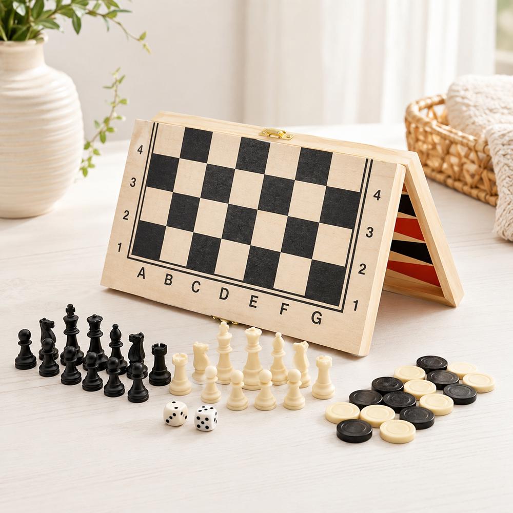 Шахматные игры в коробке 3в1 деревянные шахматы/шашки/нарды 28,9x14,4x2,6 см средние
