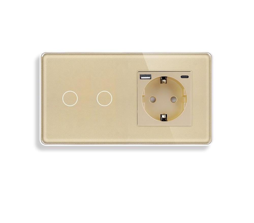 Выключатель сенсорный ELIOS двойной USB A+C 20Вт 16 А 230 В с заземлением/шторками стекло Золотой