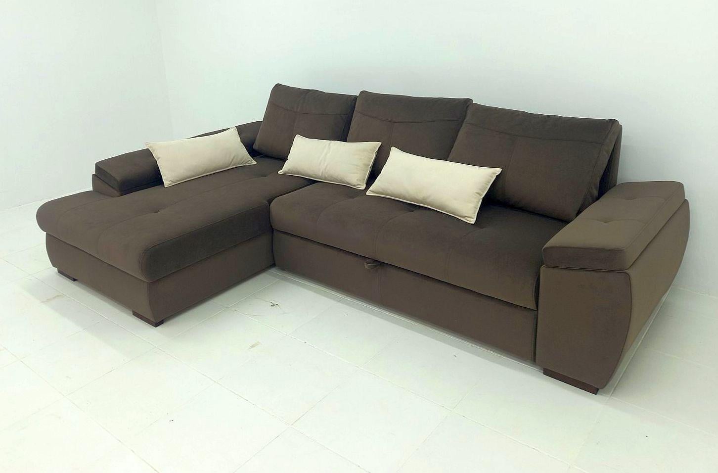 Диван раскладной угловой в гостиную/спальню Вуди Бостон дерево/ламинированная ДСП/ткань Коричневый