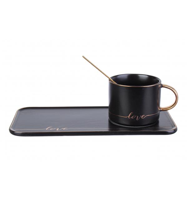 Чашка керамическая с ложечкой и блюдцем 200 мл Black (514070)