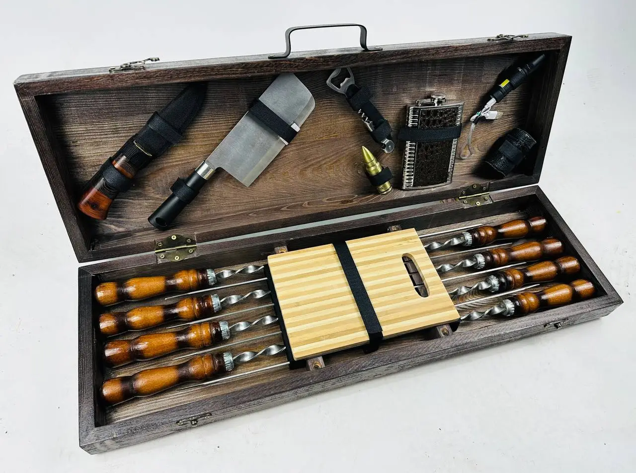 Набір шампурів у кейсі Грізлі люксовий ящик дерев'яний з нержавіючої сталі (2-10-KS-7808) - фото 4 Набір шампурів у кейсі Грізлі люксовий ящик дерев'яний з нержавіючої сталі (2-10-KS-7808) - фото 4