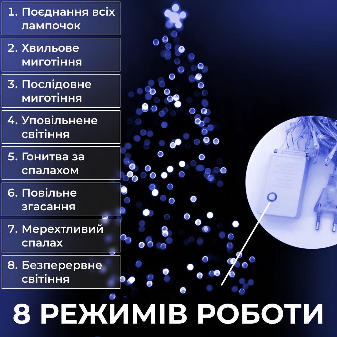 Гірлянда нитка 14 м на 300 LED лампочок світлодіодна чорний дріт 8 режимів роботи Синій - фото 4