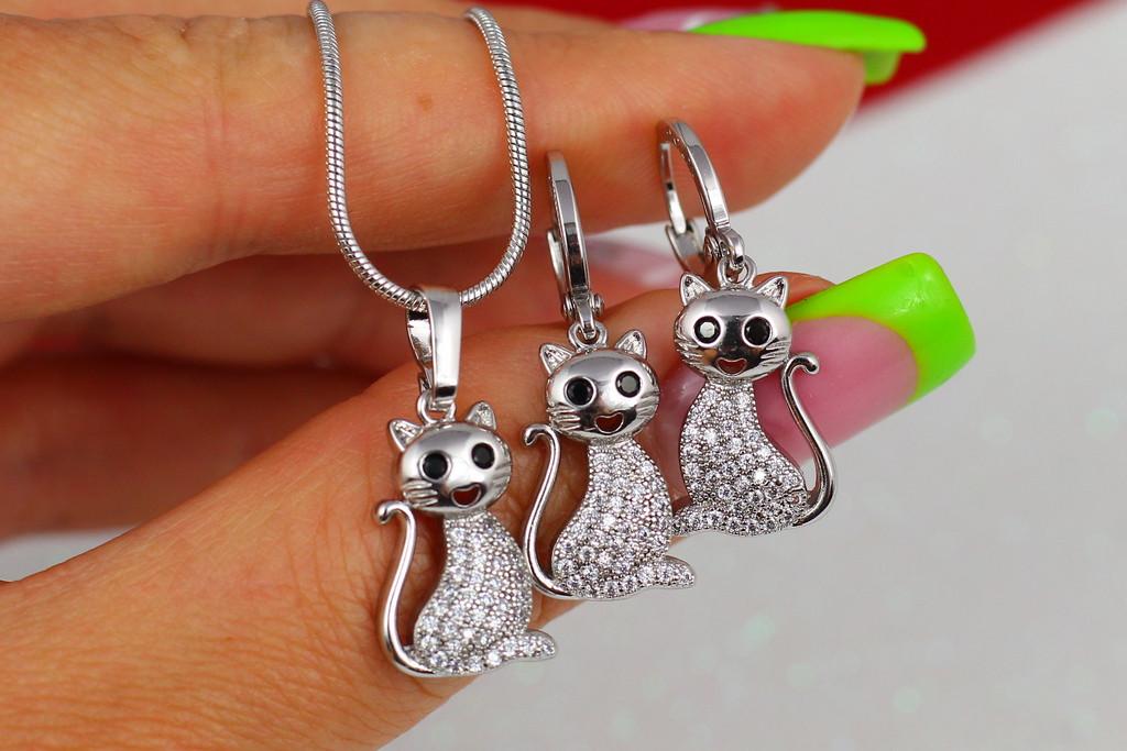 Набор серьги и кулон Xuping Jewelry Котики с родием Серебристый