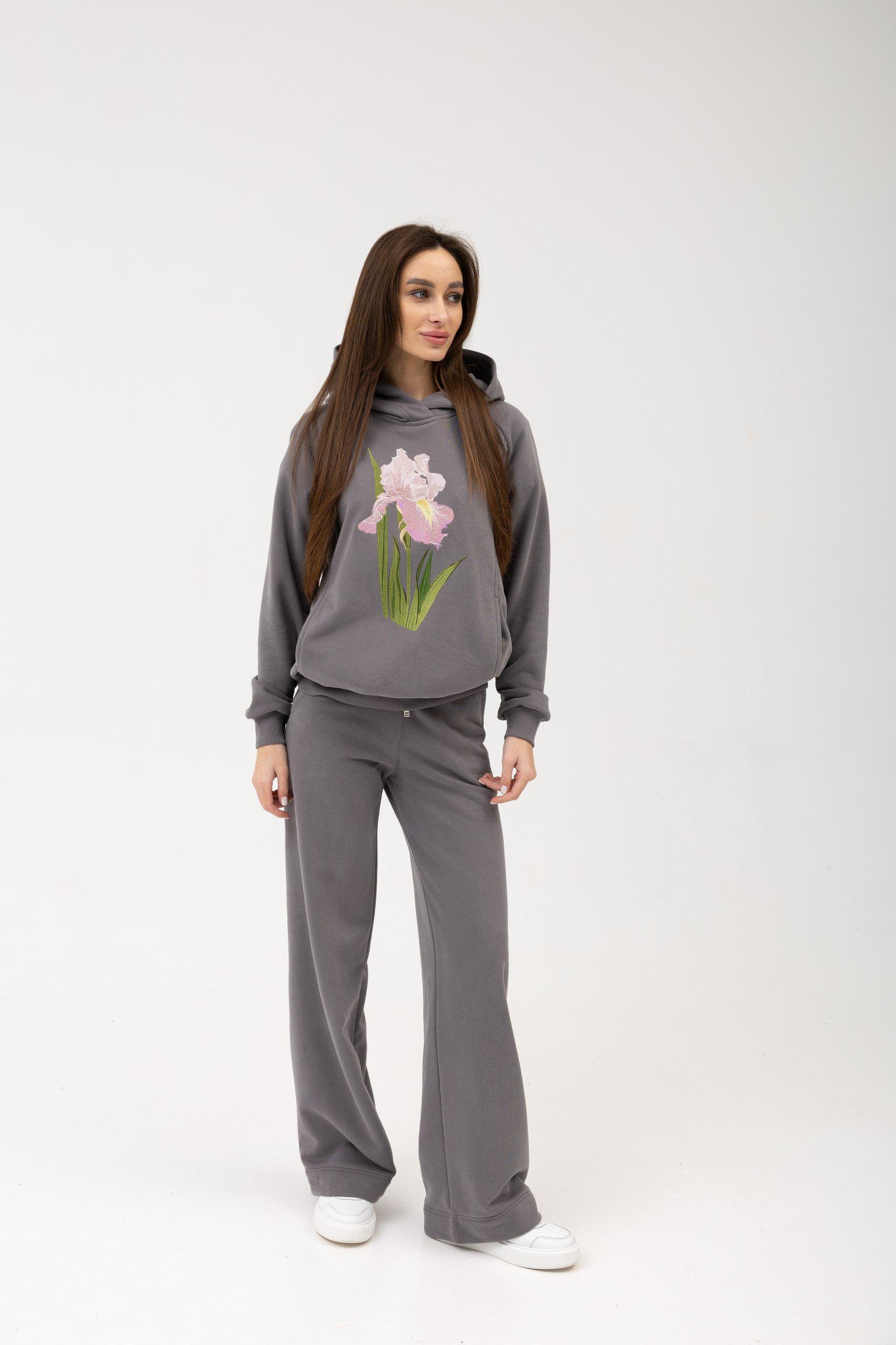 Прогулянковий костюм жіночий Lookeriya з вишивкою Ірис худі та штани-палаццо тринитка 2XL Сірий (31885913)
