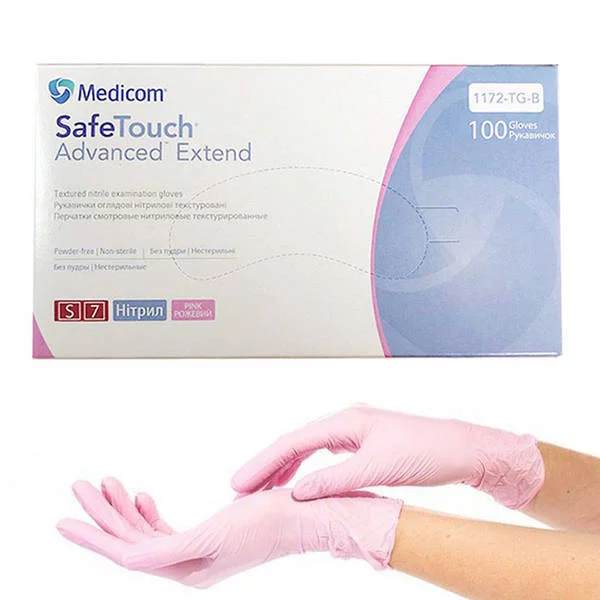 Рукавички нітрилові Medicom SafeTouch Advanced Pink текстуровані без пудри 3,6 г S 100 шт. Рожевий