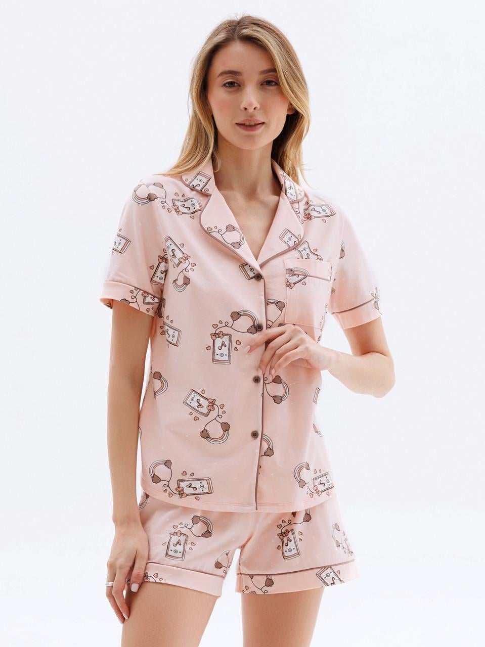 Пижама женская Roksana рубашка на пуговицах/короткие шортики с принтом хлопковая M Бежевый (1694/16648)