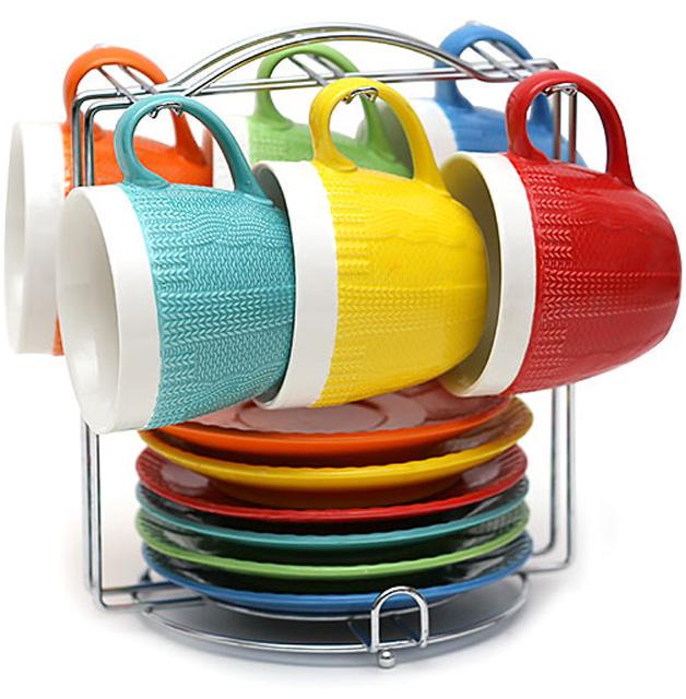 Чайный набор Вязаный орнамент 6 чашек 275 мл и 6 блюдец на подставке Разноцветный (BD-575-112)