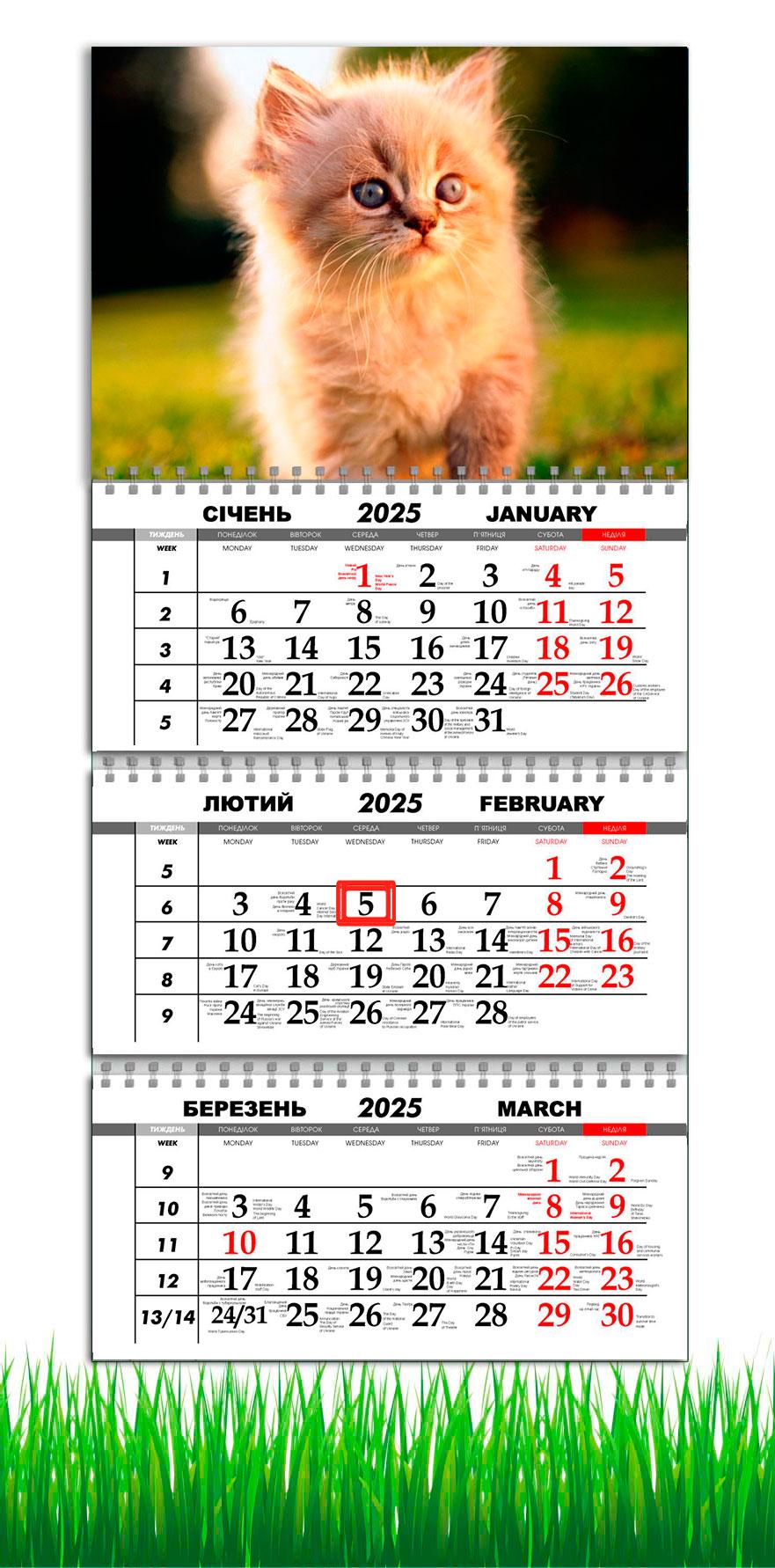 Календарь настенный квартальный на 2025 год на 3 пружины APRIORI Котик 30х61 см (UA2695)