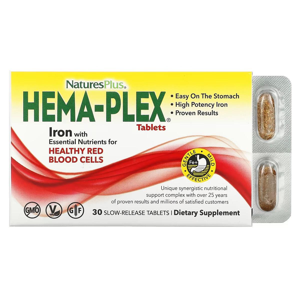 Железо с незаменимыми питательными веществами Natures Plus Hema-Plex Iron 30 таб. (7026)