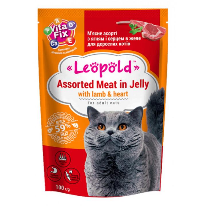 Корм для дорослих кішок Леопольд м'ясне асорті з ягням та серцем у желе 100 г по 24 шт. (3) Корм для дорослих кішок Леопольд м'ясне асорті з ягням та серцем у желе 100 г по 24 шт. (3)