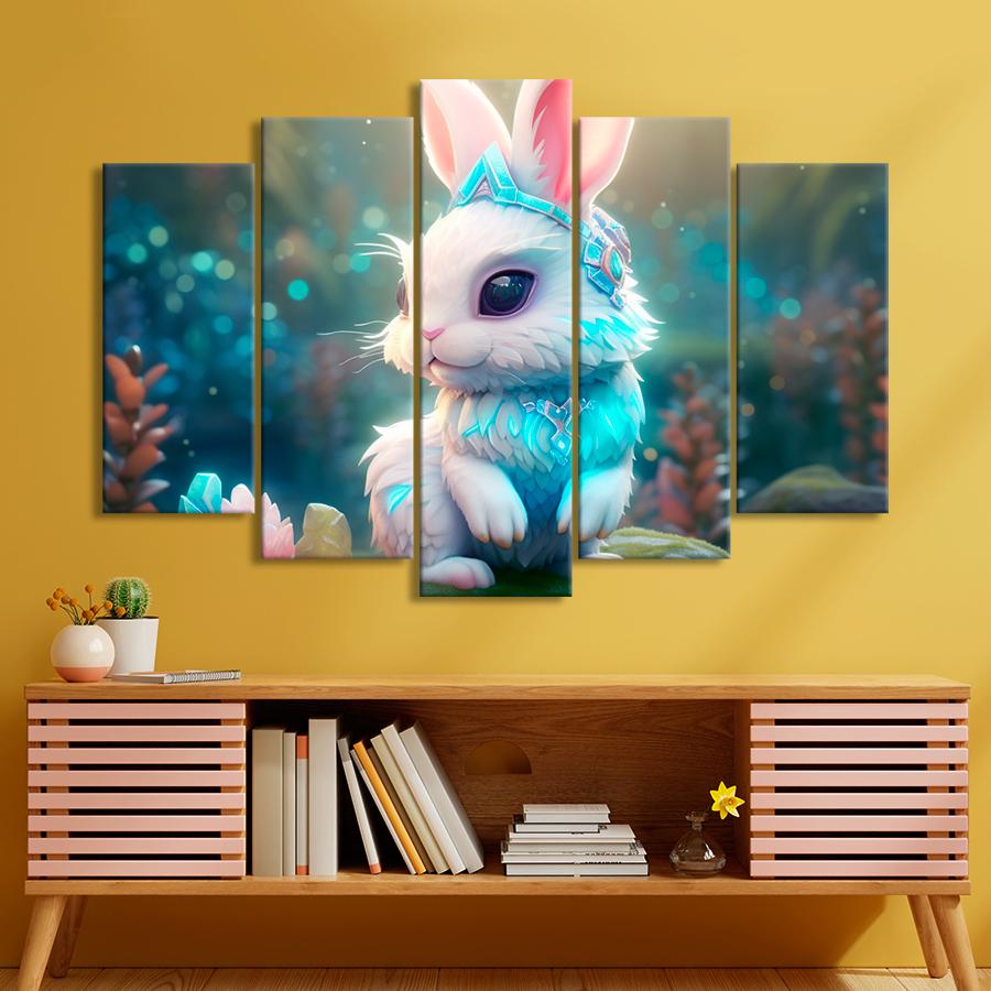 Картина в детскую комнату Волшебный кролик в голубых украшениях 112x68 см (A1424-5)