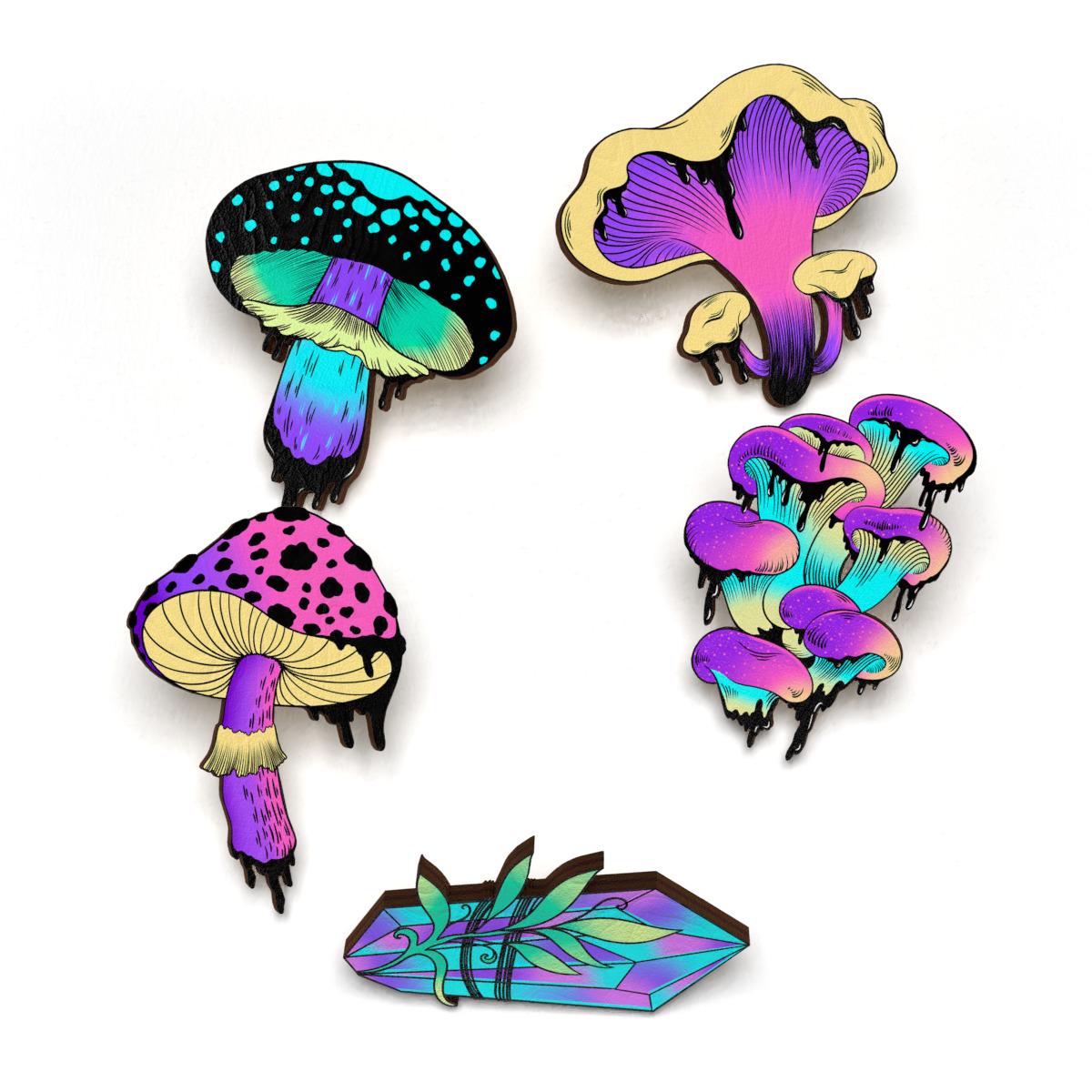 Набор значков Lex Altern Разноцветные грибы из дерева 5 шт.