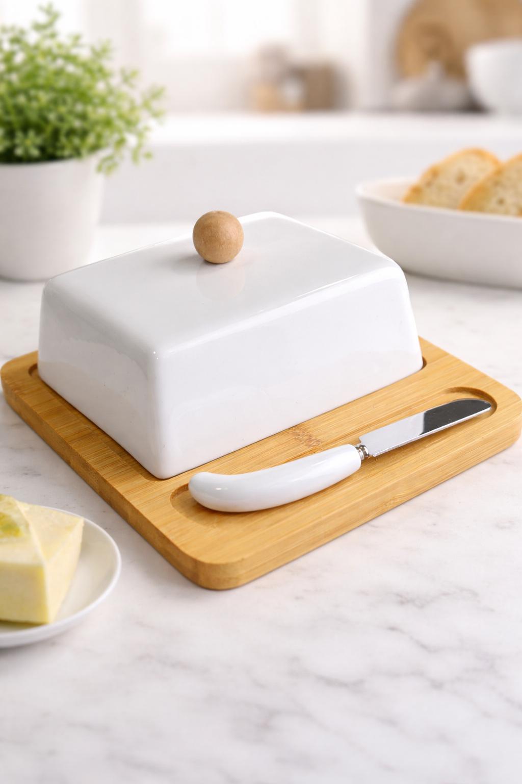 Маслянка порцелянова на бамбуковій підставці з ножем 20,5x14,5x8,5 см (31555000) Маслянка порцелянова на бамбуковій підставці з ножем 20,5x14,5x8,5 см (31555000)