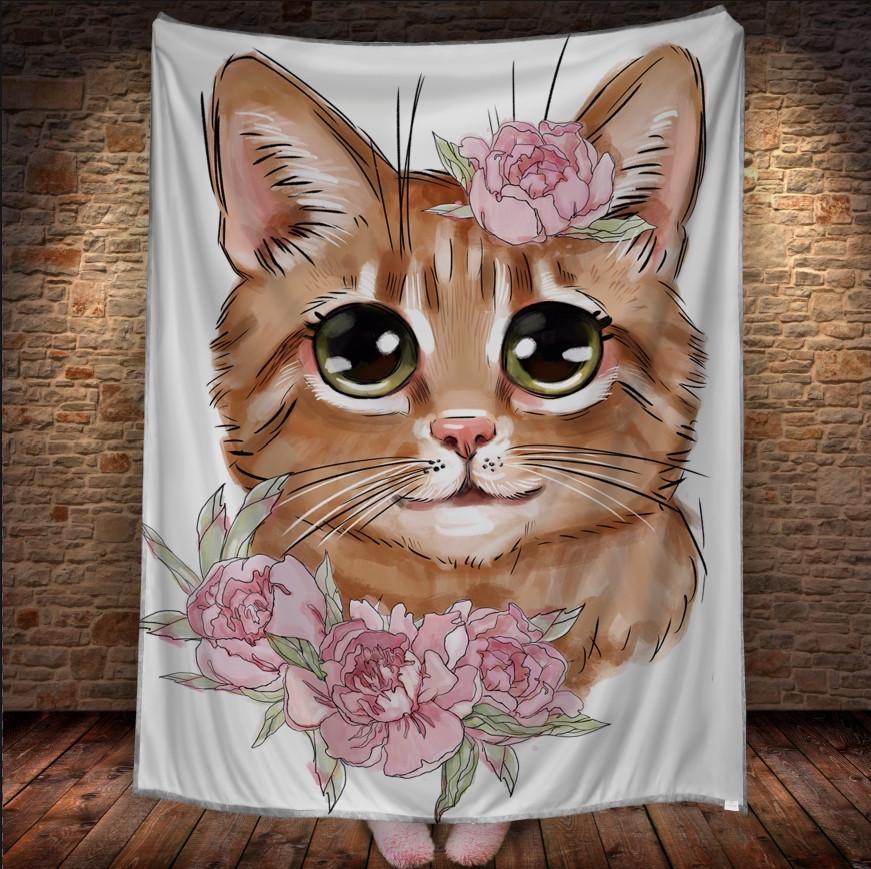 Плед с 3D принтом Рыжая киска с цветочками 150x200 см (epi_1730)