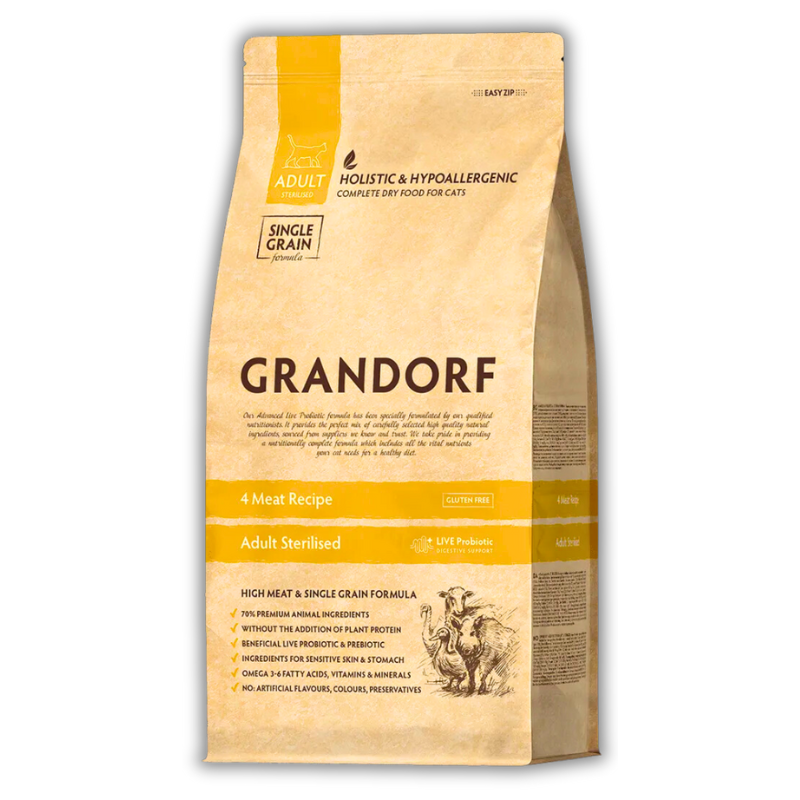 Корм для кошек сухой Grandorf 4 мяса для взрослых стерилизованных и кастрированных котов всех пород 400 г (82740)